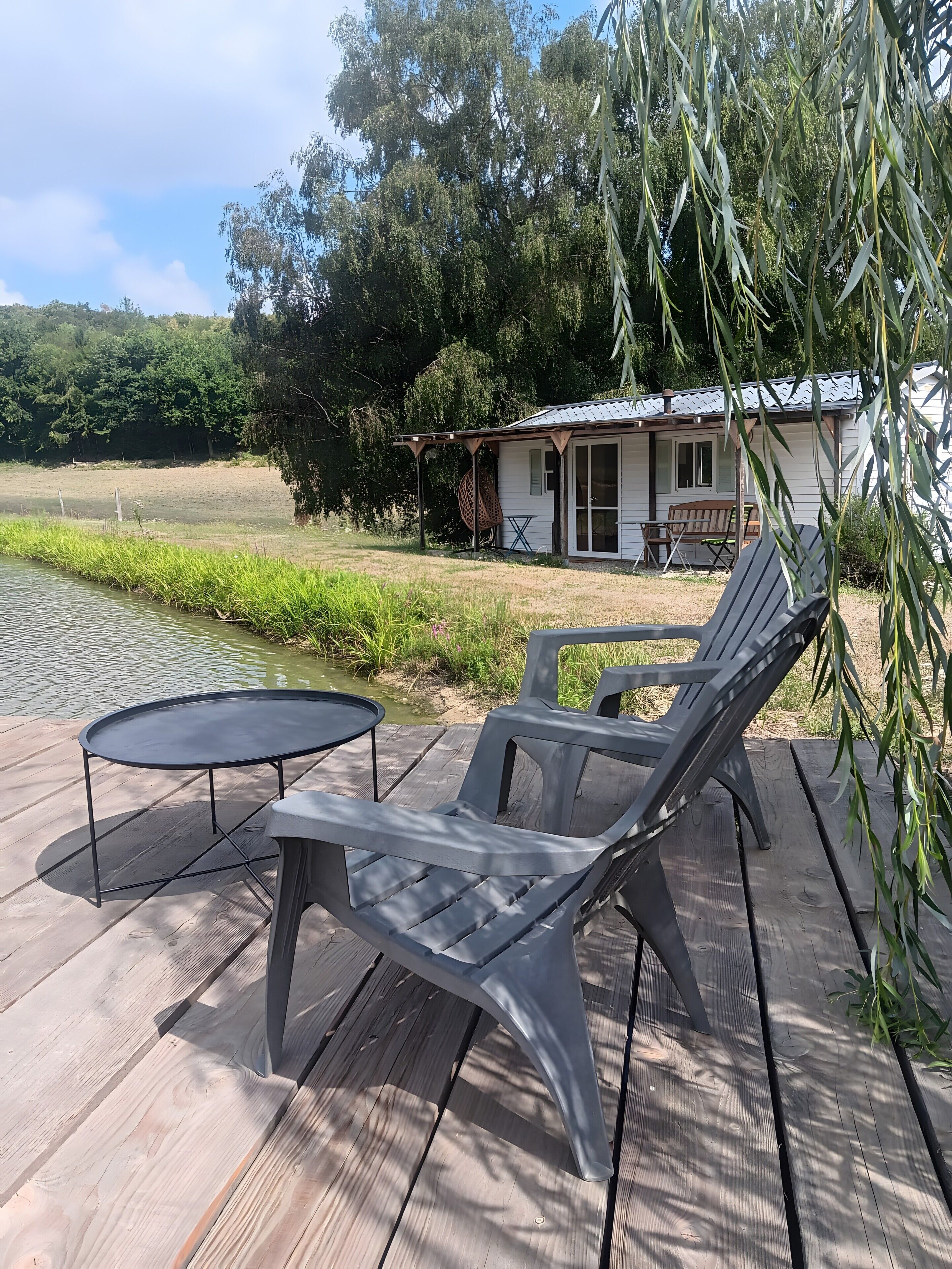 A wooden deck with a table and chairs, a small pond, and a house with a porch in the background.