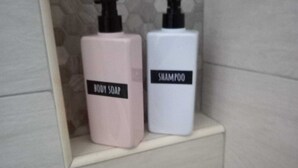 A bathroom with a shower area, a toilet, and a shelf with two bottles of body soap and shampoo. - alba magica (Agerola)