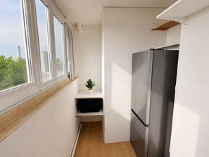 Cozinha compacta com geladeira de aço inoxidável, uma pequena planta em uma prateleira e uma janela com cortinas.