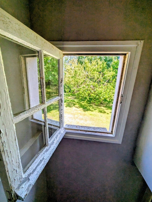 A room with a window overlooking a garden.