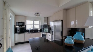 A modern kitchen with a black countertop, stainless steel appliances, and a window. - Beach Villa with Sauna for 8 Guests (Makkum)