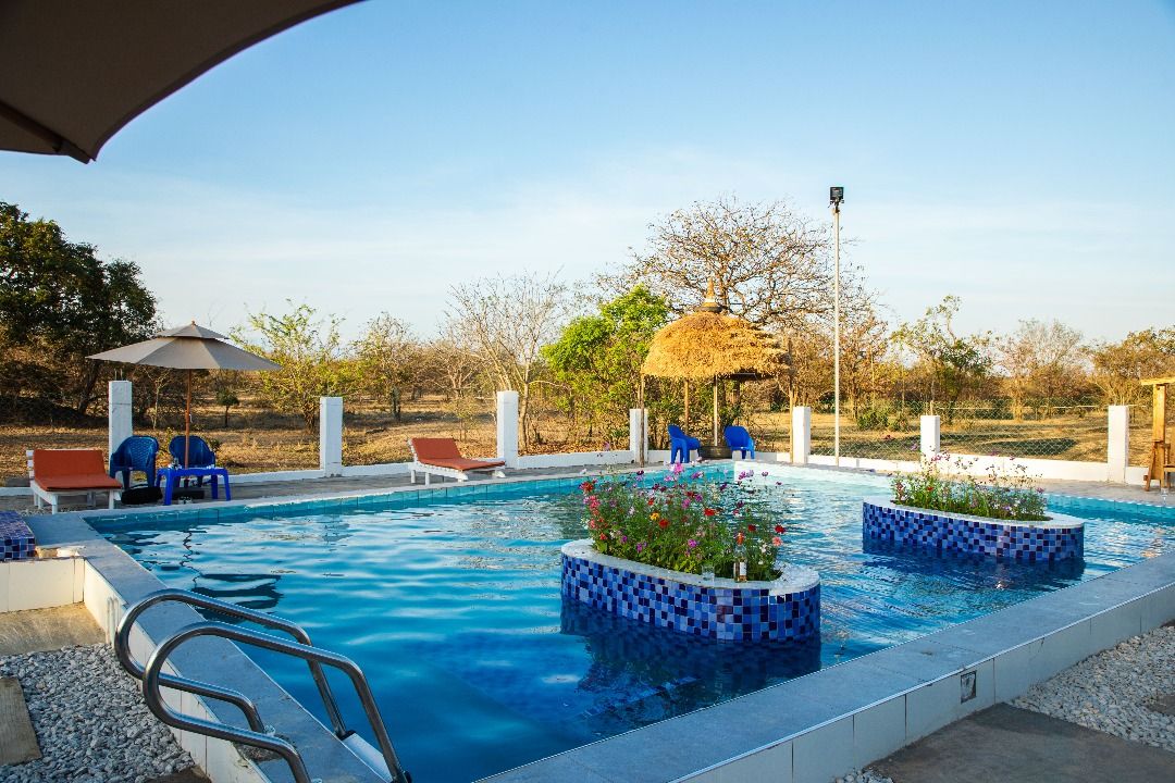 A swimming pool with a tiled border, lounge chairs, and a thatched structure.