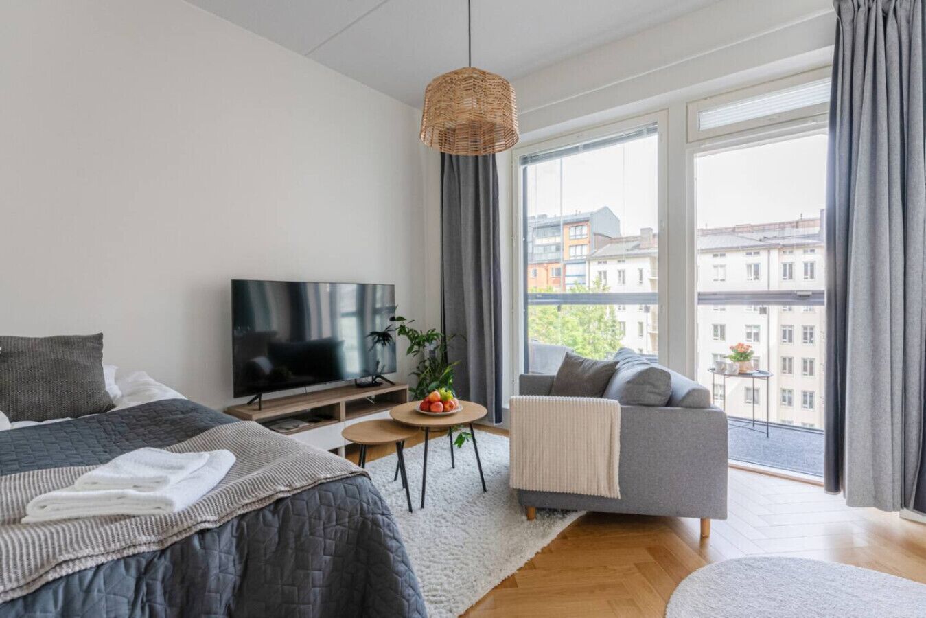 Desk, laptop workspace, blackout curtains, iron/ironing board