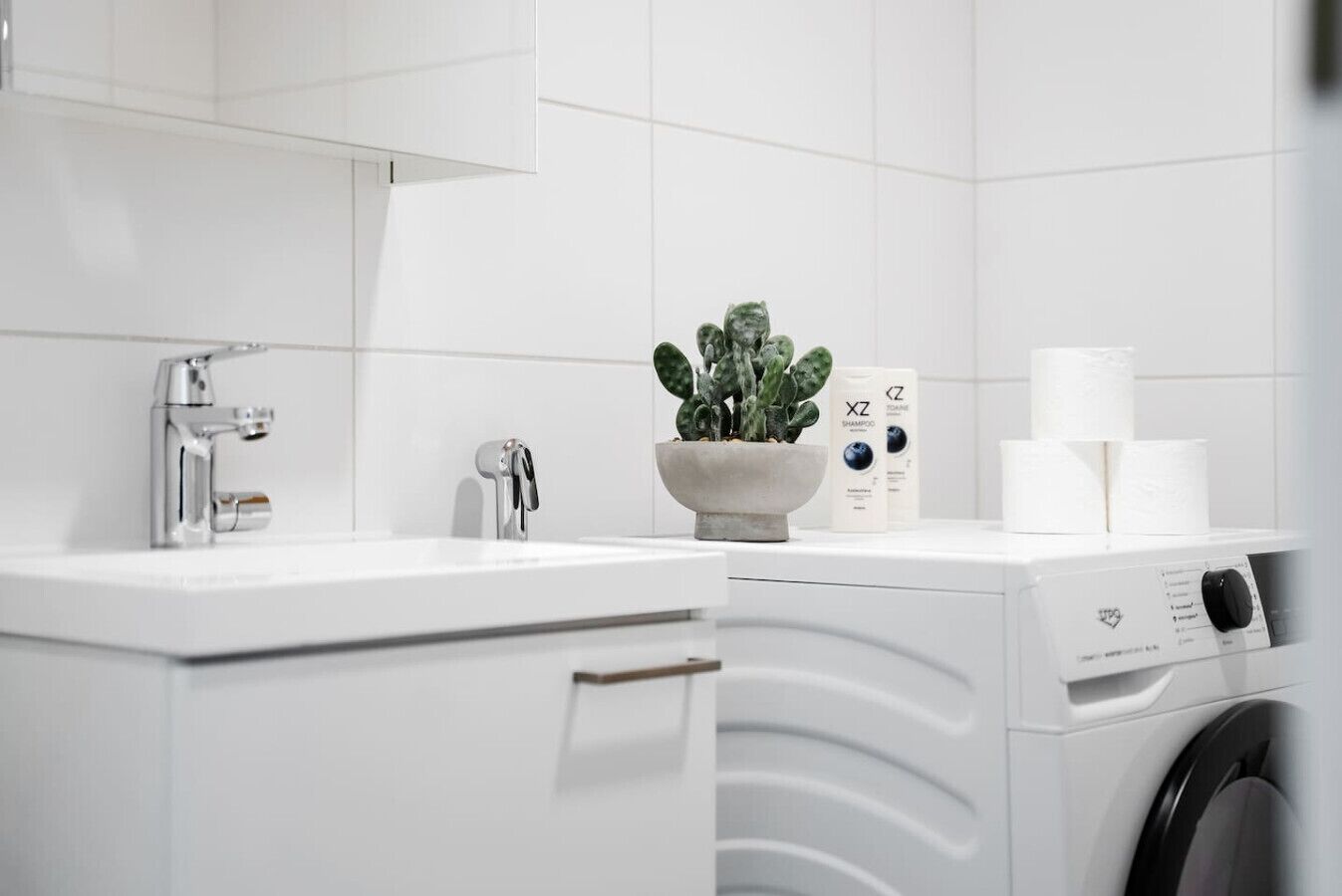 Un bany modern amb un rentapans blanc, un aixeta, una planta en test, una rentadora i paper higiènic.