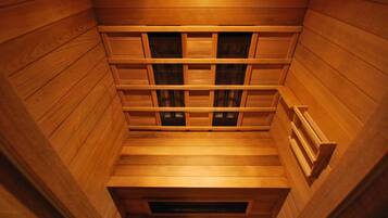 A sauna with wooden walls and benches.