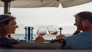 Two people toasting with wine glasses at a table with a view of the sea and a structure in the background. - Attractive Dune Villa with Sauna (Makkum)