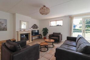 Een woonkamer met een open haard, televisie, bank en een groot raam.