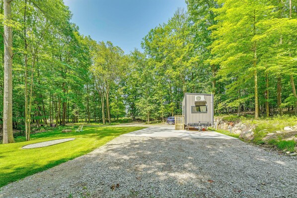 A gravel driveway leading to a small cabin in a forested area.