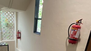 A staircase with a fire extinguisher mounted on the wall, a window, and a green mat at the bottom.
