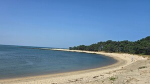 Een strand met helder water, een zandstrand en een bebost gebied.
