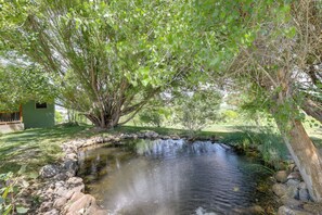 A small pond with a stone border, surrounded by trees and grass. - Unexpected & pleasant views, hot tub & Grand Mesa (Olathe)