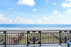 A beach view with a railing and a patterned fence. - Oceanfront DeBordieu Estate, Direct Beach Access (Georgetown)