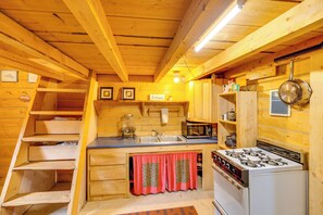 Une petite cuisine aux murs en bois, équipée d’un évier, d’une cuisinière et d’un four à micro-ondes.