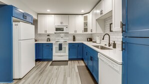 A modern kitchen with white and blue cabinets, a microwave, stove, sink, and dishwasher. - 8 Mi to Nissan Stadium & Broadway! (Nashville)