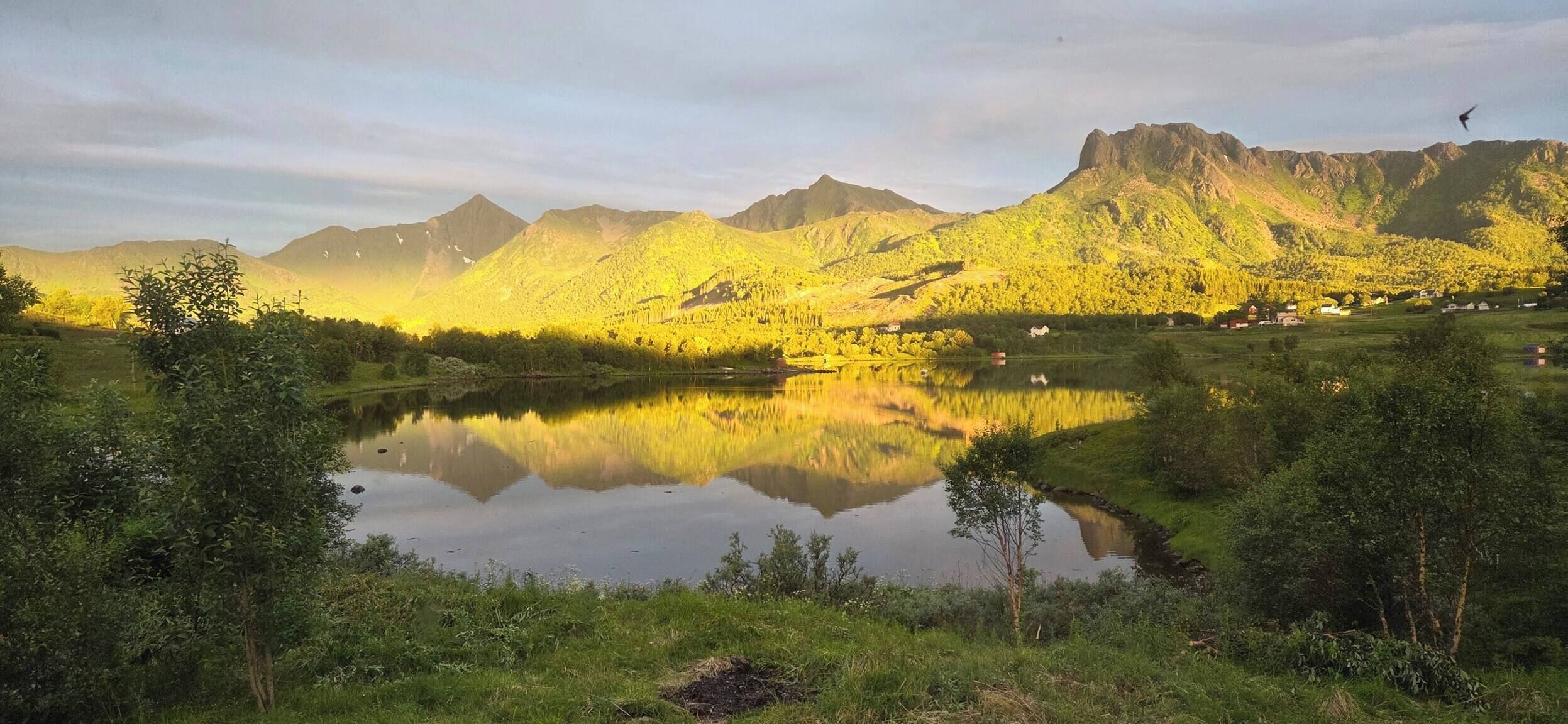 Un lago tranquilo rodeado de vegetación exuberante y montañas.