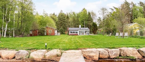A lakeside property with a wooden dock, a house, and a small shed.