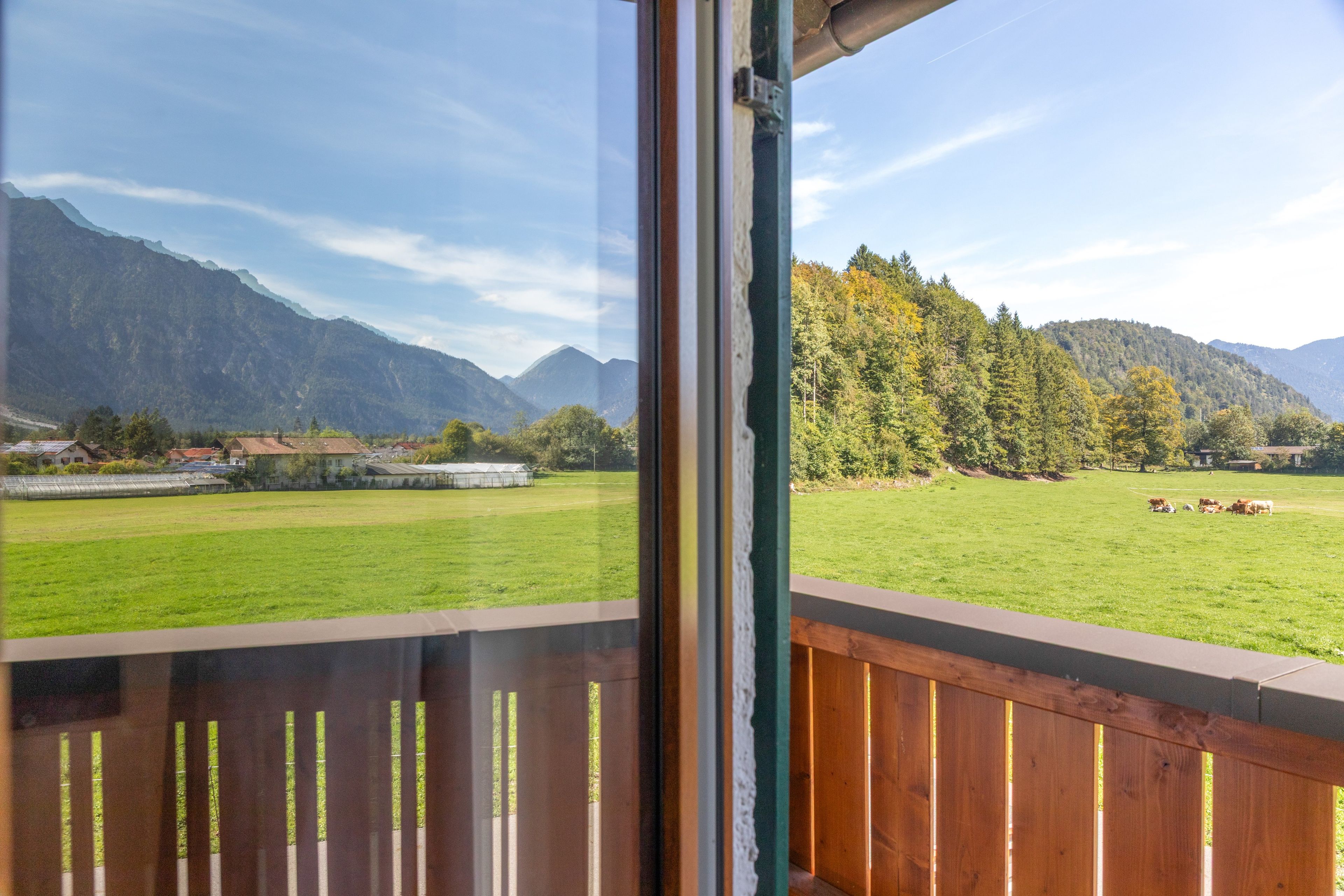 A view from a balcony with a wooden railing, overlooking a green field with a few cows, a forested hillside, and distant mountains.