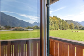 A view from a balcony with a wooden railing, overlooking a green field with a few cows, a forested hillside, and distant mountains. - Room "Zimmer 2 Schulerhof" with Mountain View and Wi-Fi (Oberau)
