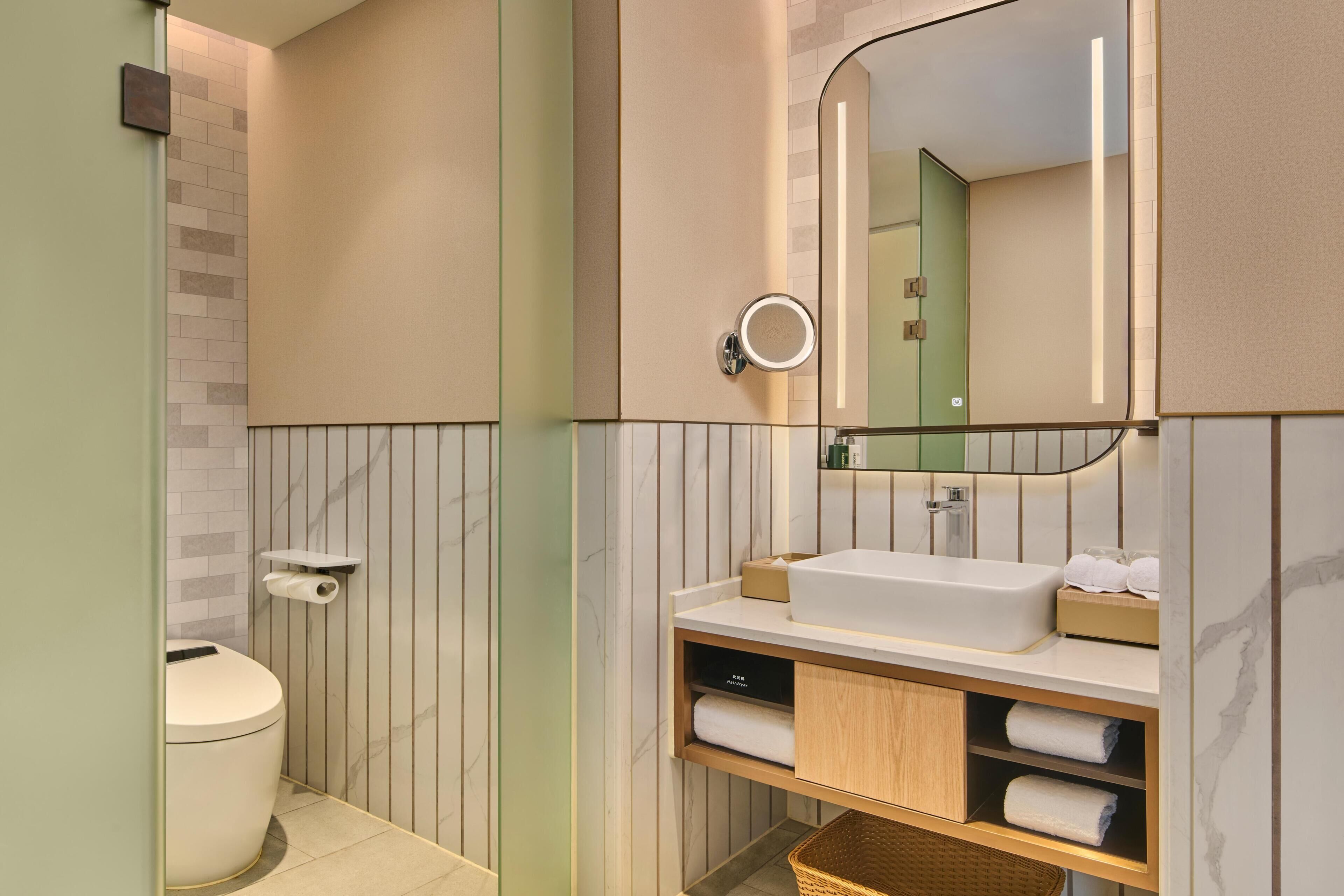 A modern bathroom with a toilet, sink, and mirror.