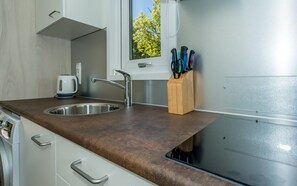 Eine Küche mit einer doppelten Spüle, einem Wasserkocher und einem Fenster mit Blick auf Bäume.