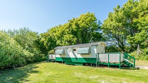 Une maison mobile à l’extérieur vert et aux auvents rayés, entourée d’une végétation luxuriante et d’arbres.
