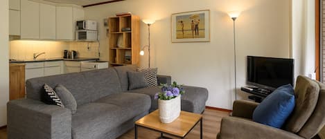 Una sala de estar con un sofá gris, una mesa de centro de madera, un televisor y una cocina al fondo.