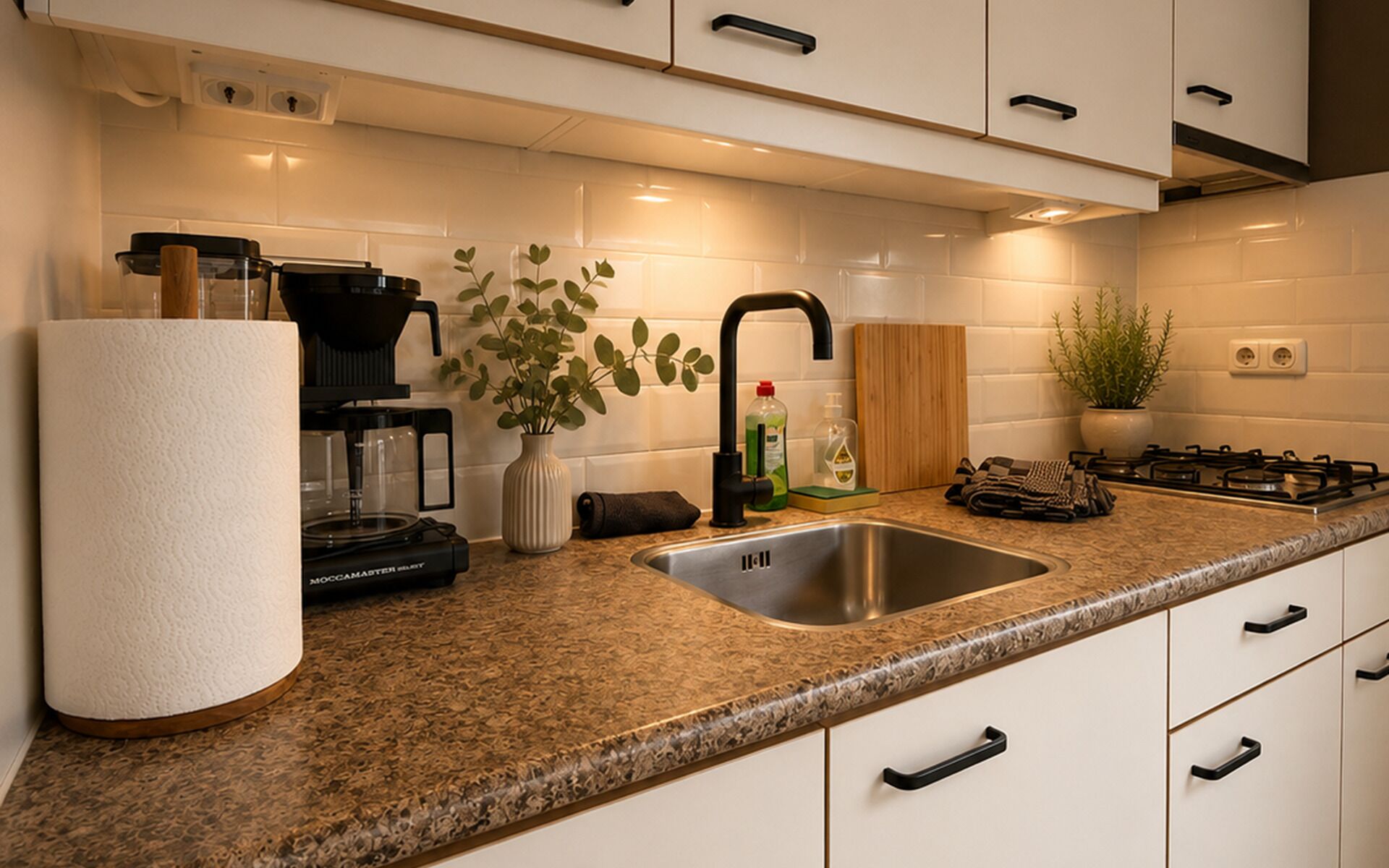 Wasserkocher mit Kaffee-/Teezubehör, Kühlschrank, Herdplatte