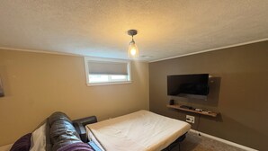 Una habitación con sofá, cama abatible, televisor y luz de techo.