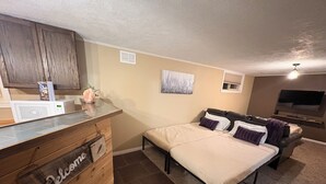 A bedroom with a bed, a small sofa, a television, and a microwave.