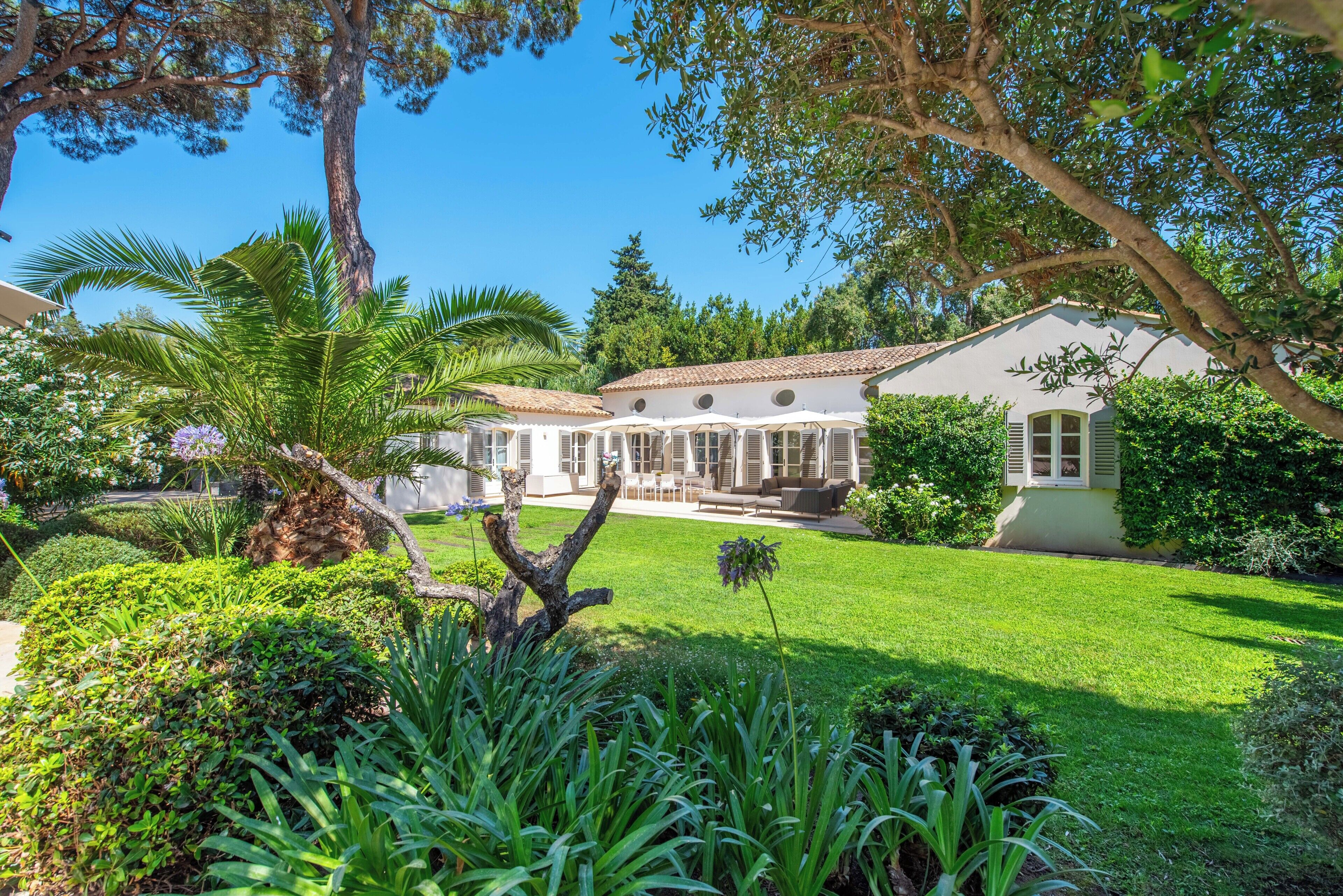 A house with a garden, a patio with outdoor furniture, and a large tree.