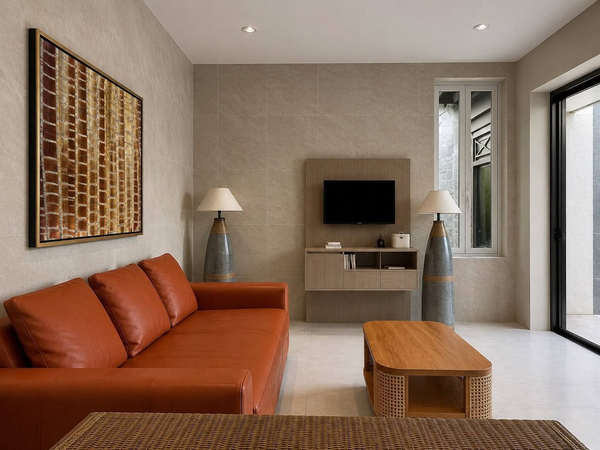 A modern living room with a leather sofa, a wooden coffee table, and a flat-screen TV mounted on the wall.