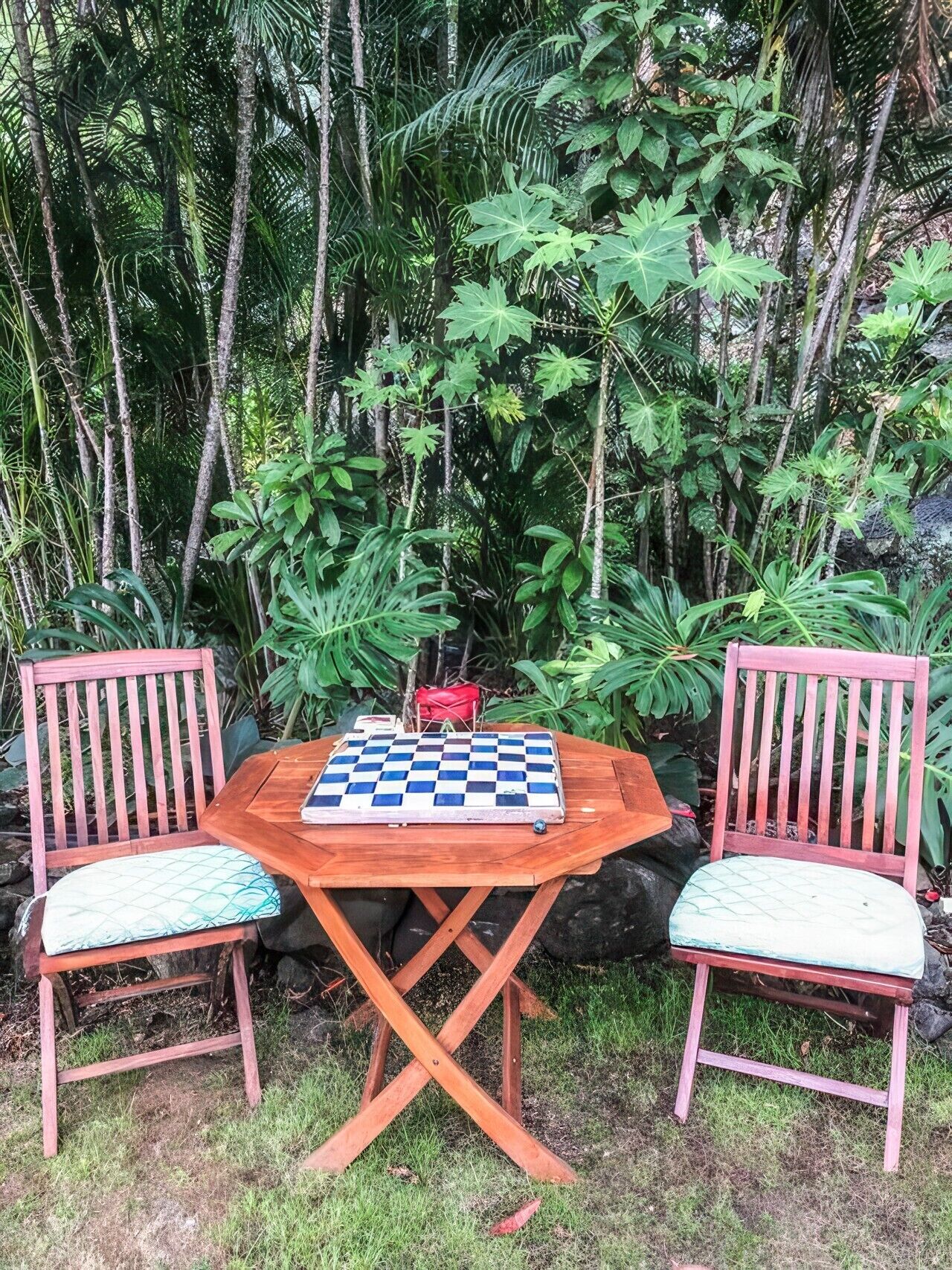 A checkered game board on a wooden table with two chairs, set outdoors with dense foliage in the background.