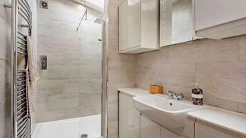 Combined shower/bathtub, deep-soaking bathtub, hair dryer, towels