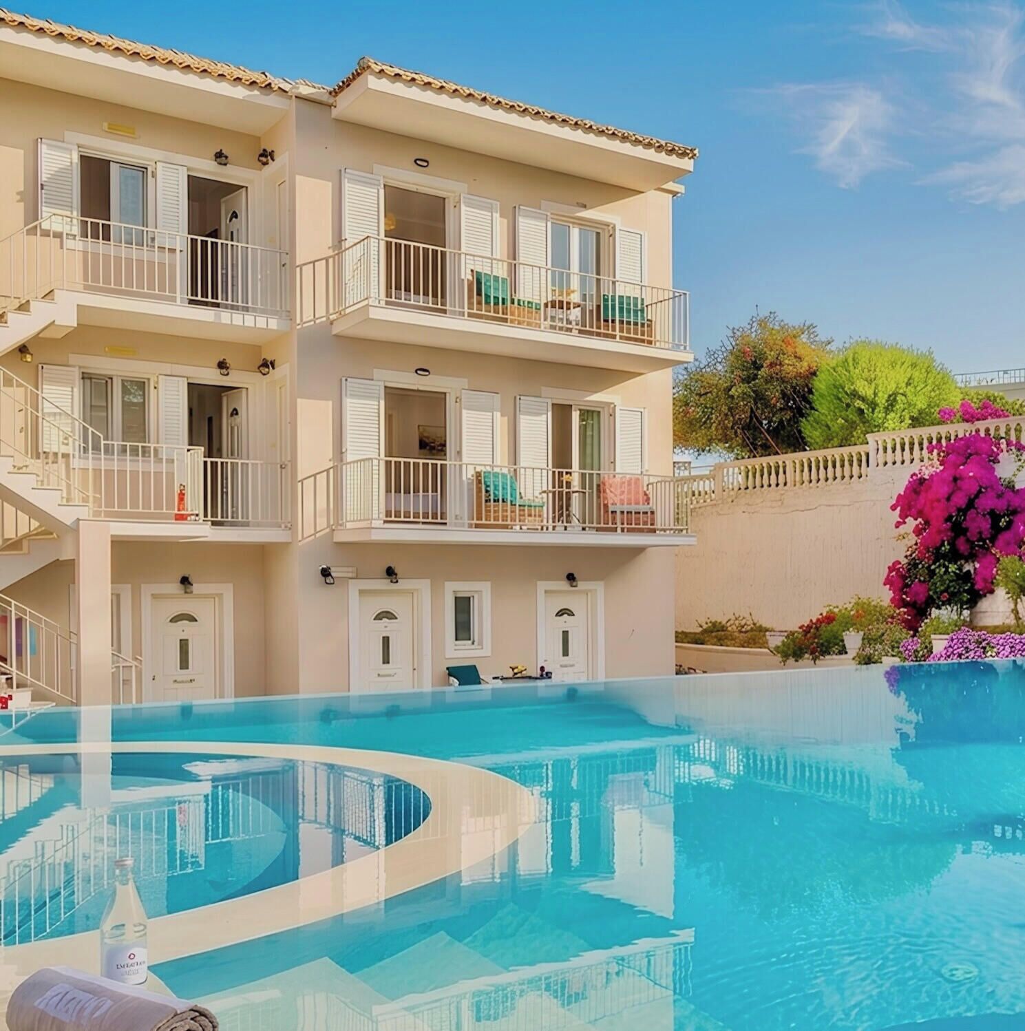 A multi-story hotel with balconies, a swimming pool, and a landscaped garden.