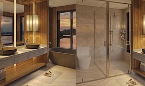 Luxe huisje, balkon, uitzicht op zee | Badkamer
