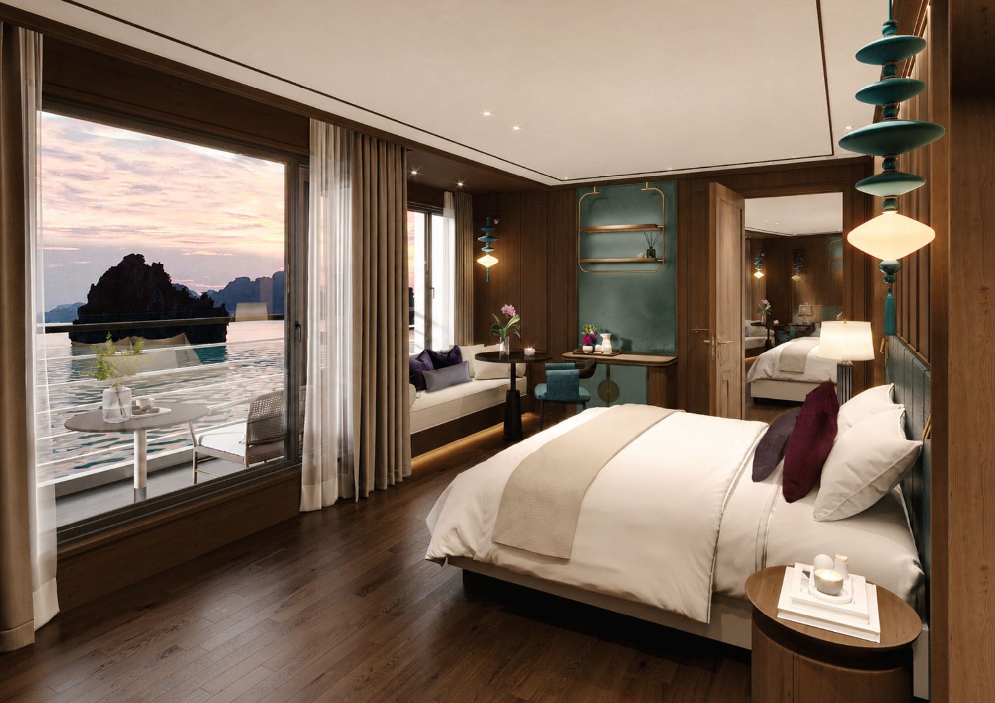 Une chambre d’hôtel moderne avec un grand lit, une petite table, une table de chevet et une vue sur une étendue d’eau.