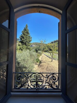 Une fenêtre donnant sur un vignoble et, au loin, sur une montagne.