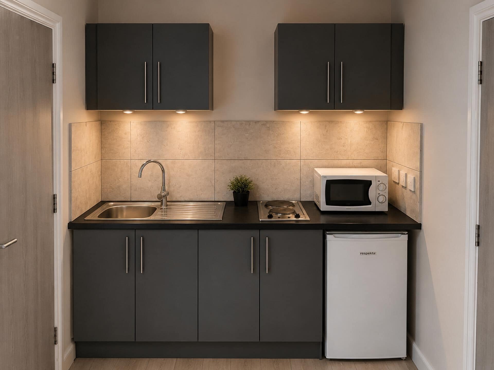 Frigorífico, microondas, placa de cocina y hervidor eléctrico
