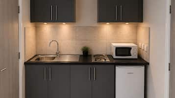 Frigorífico, microondas, placa de cocina y hervidor eléctrico