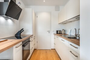 A compact kitchen with a built-in oven, a stovetop, and a sink. - "Berg und See" Vacation Rental - Enjoy a Modern Apartment with Panoramic Views of Lake Constance (Lindau (Bodensee))