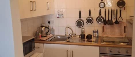 Frigorífico, microondas, horno y placa de cocina