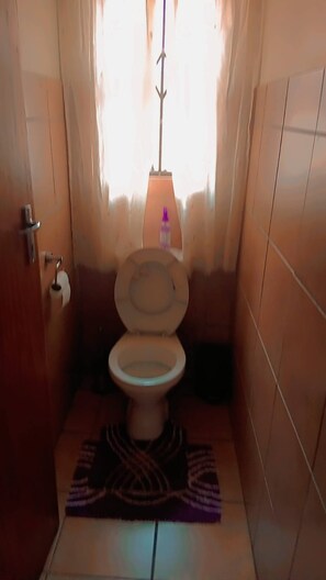 Et lille badeværelse med toilet, håndsæbeautomt og håndklædestang.