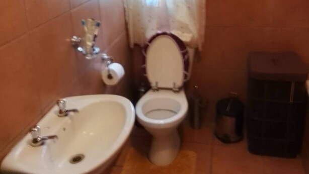 Een badkamer met een wastafel, toilet en een kleine prullenbak.