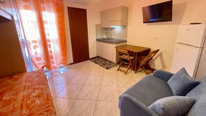 Un ambiente compatto con angolo cottura, zona pranzo e area salotto.
