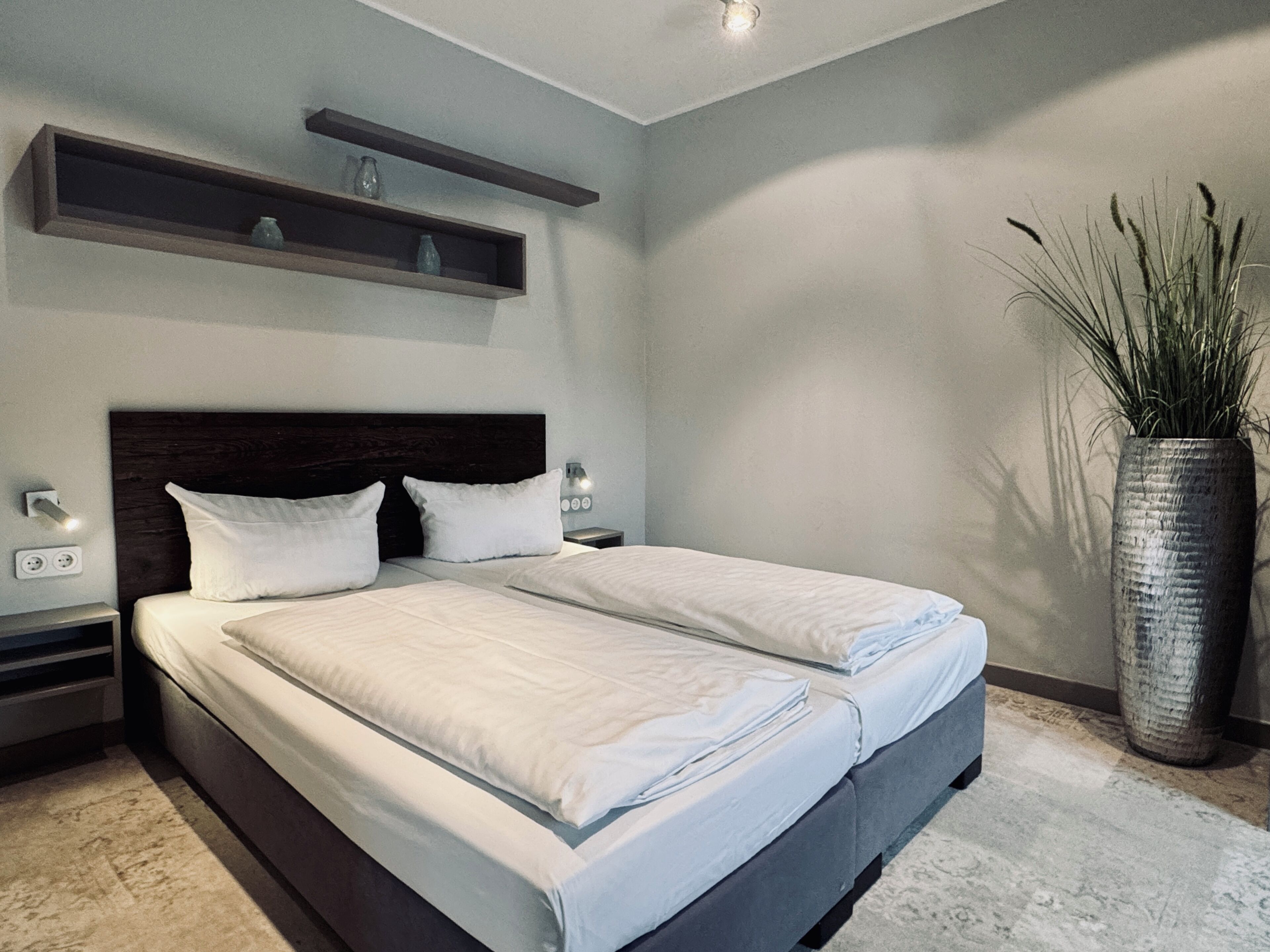 Une chambre moderne avec un grand lit, des tables de chevet, une étagère fixée au mur et une grande plante en pot.