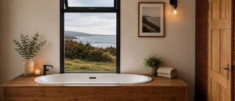 Separate bathtub and shower, free toiletries, hair dryer, towels