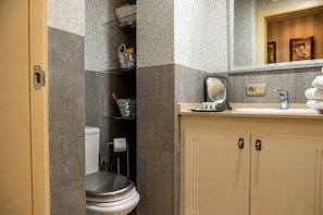 Douche, sèche-cheveux, serviettes fournies, savon