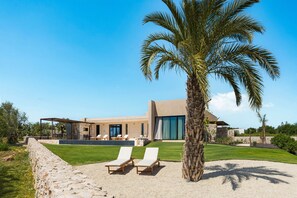 A modern house with a stone wall, a palm tree, and a lawn with two lounge chairs. - Splendid villa with pool - DiCasaInSicilia (Avola)