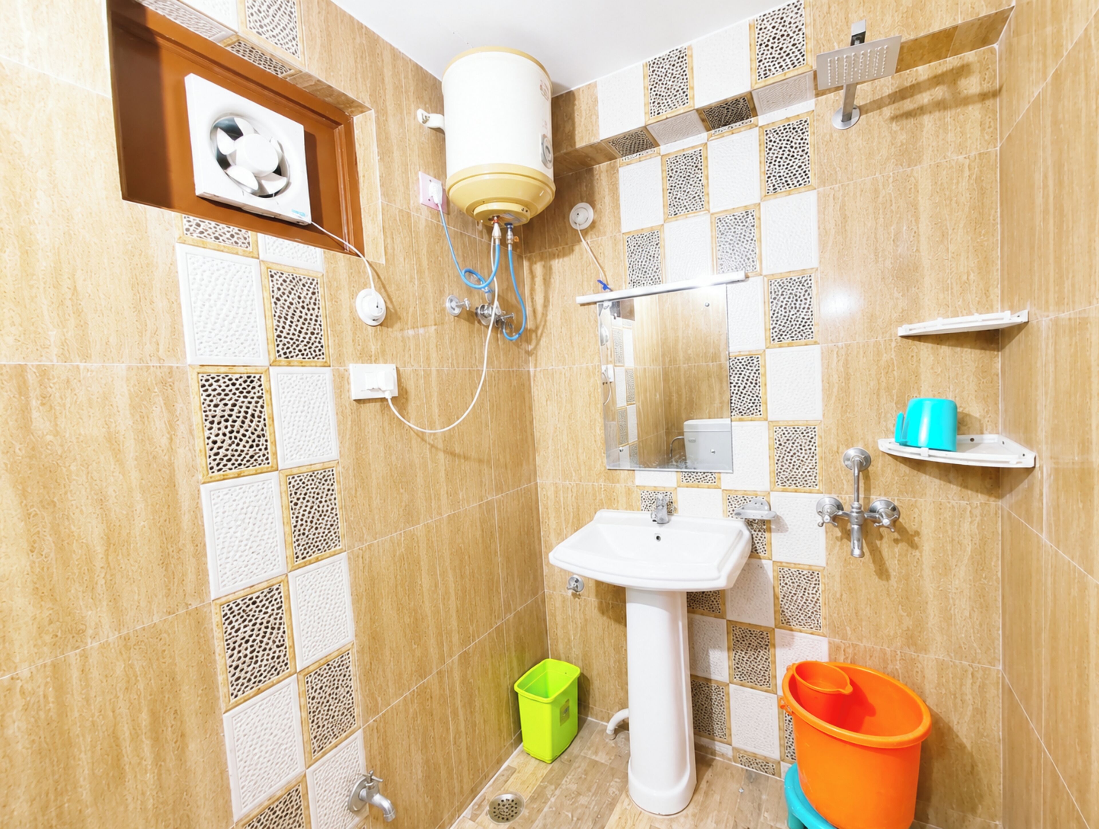 Shower, rainfall showerhead, slippers, towels
