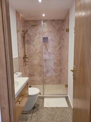 Un bagno moderno con doccia vetrata, un water bianco e un mobile bagno in legno.